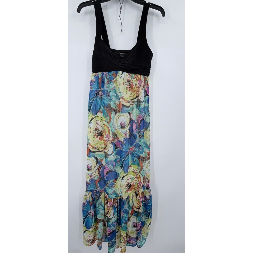 Intrigue Maxi Dress Womens 8 Black Floral Empire Waist Tiered Sleeveless Boho